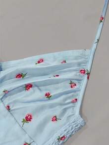 Sunnyshic Ditsy Floral Pleated Cinched Waist Neck Ruffle Hem Mini Dress - Multicolor - View 4