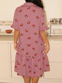 EasyFave Striped Cherry Print Short Sleeve Women Nightgown - Multicolor - View 2
