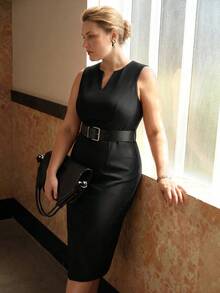 MOTF PREMIUM PLUS SIZE MINIMALIST CHIC FASHION SPLIT DESIGN DETAIL WITH WIDE BELT MID-LENGTH DRESS - Black - View 7