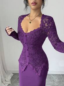Modelyn Square Neck Lace Patchwork Button Waist Fitted Midi Dress For Women - Purple - View 4