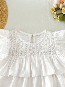 SHEIN Babygirl Cute Vacation Versatile Ruffle Lace Trim Flutter Sleeve Top - White - View 4