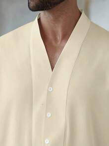 Manfinity Homme Plus Size Men's Casual Solid Color Button-Front Long Sleeve Shirt - Apricot - View 3