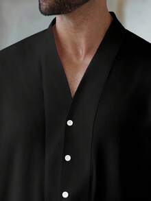 Manfinity Homme Plus Size Men's Casual Solid Color Front Button Long Sleeve Shirt - Black - View 3