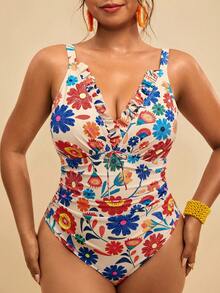 Travachic Plus Size V-Neck Sleeveless Ruffle Allover Print Fitted One-Piece Swimsuit, Summer - Multicolor - View 4