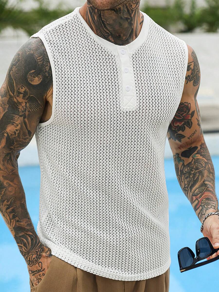 VENTUSAIL Áo tank top nam màu trơn cổ tròn, chất liệu jacquard khoét lỗ, thích hợp cho mùa hè. - trắng - Xem 1