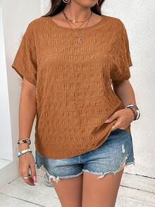 SHEIN VCAY Plus Size Batwing Sleeve Textured Round Neck Casual Shirt - Khaki - View 4
