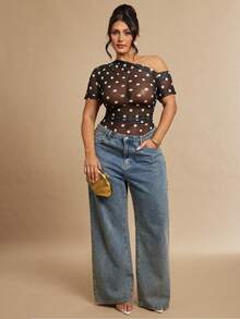 SHEIN BAE 大码女式黑色波点透视连体衣，斜肩连体衣 - 黑色 - 查看 1