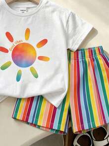 SHEIN Playful Pals 两件套女童彩虹太阳印花短袖上衣+彩色条纹短裤套装，轻便休闲，适合海滩、上学等场合，春夏秋季皆宜 - 彩色 - 查看 4