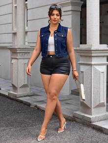 SHEIN Essnce Plus Size Sleeveless Denim Jacket, Casual Summer - Blue - View 5