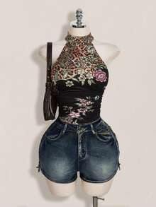 SHEIN ICON 大码Y2K夏季复古新款中国风性感露背印花吊带背心，女士夏季外出完美之选 - 彩色 - 查看 4