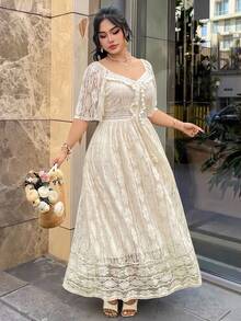 Modelyn Damen Kurzarm Boho Spitze Elegantes bequemes Sommerkleid in Große Größen - Aprikosenfarben - Übersicht 6