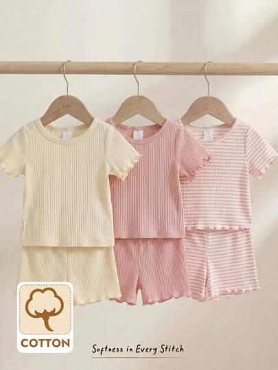 Cozy Pixies 6pcs/Set Baby Girls Ribbed Solid Color & Striped Round Neck Short Sleeve Top And Elastic Waist Shorts Casual Outfit
