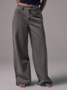 MUSERA Mid Waist Wide Leg Mid Blue Wash Silver Button Detail Denim Jeans Mid Rise Casual Fall Autumn Winter Night Out Back To School Office - Grey - View 3