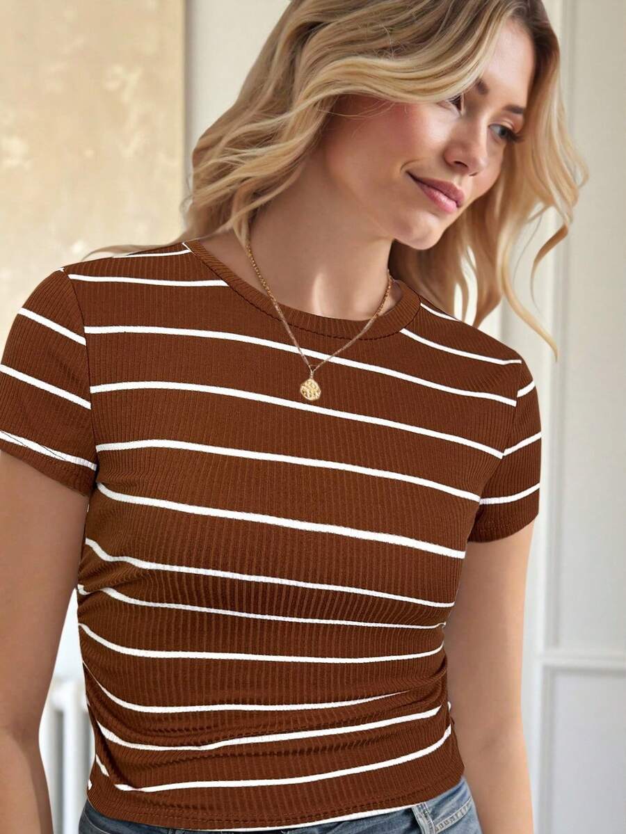 Easowa Athleisure 运动跑步骑行慢跑篮球运动服,女式圆领腰部褶皱黑白条纹休闲舒适修身 T 恤 - 咖啡棕 - 查看 1