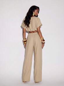Normani Women's Vacation Casual Solid Color Cropped Top And Pants Set - Khaki - View 4