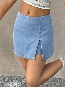 Teen Girl Casual Versatile Everyday Denim Skort Fashion Casual Y2k Vintage Cool Comfortable And Breathable Basic Mixed And Matched With Sparkling Rhinestone Design Loose Soft Daily-Wear And Summer And Spring Rave Festival And Beach - Blue - View 2