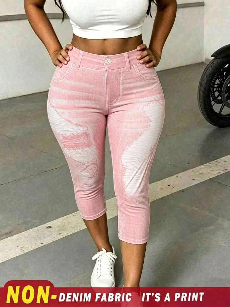 Rovax Leggings casuales de talla grande de unicolor con bolsillos sesgados y rotos - Negro - Ver 1