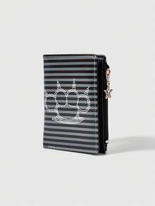 ROMWE Goth 1 pieza Billetera de uñas con puño gótico Y2K, bolso de mano con cremallera de PU a rayas, bolsa de cambio con cremallera de diseño creativo con patrón de estrella de cinco puntas y diamantes de imitación, bolsa de tarjetas de moda casual - Tachuelas a rayas - Ver 2