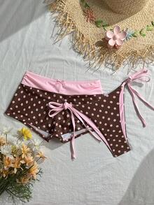 Swim Mod Women's 26SS Spring/Summer New Polka Dot Print Double-Fabric Drawstring Triangle Briefs With Ruched Waist, Bow Decor Bottoms, 2-Piece/Multi-Piece Set - Multicolor - View 2