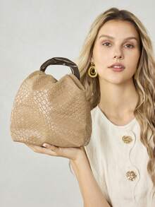 MOTF PREMIUM TAS TANGAN WANITA WARNA APRIKOT, TAS TANGAN LIBURAN PU TENUN YANG INDAH DAN SEDERHANA, PEGANGAN BULAT, GAYA KAYA RAYA, GAYA LIBURAN, GAYA RETRO, COCOK UNTUK WANITA, IBU, PERJALANAN KERJA, LIBURAN, SEHARI-HARI, BELANJA, PERJALANAN - Sampanye - View 7