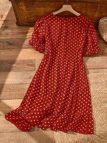 Rusticease Plus Size Women Summer Casual Vacation Red Polka Dot Ruffle Petal Sleeve Dress,Holiday Casual Round Neck Ruffle Puff Sleeve Flowy Country Outfits - Red - View 2