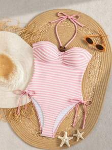 Swim Chiccia Bộ đồ bơi liền thân gợi cảm dành cho nữ mùa hè 2026, thanh lịch, chất liệu vải đặc biệt, kiểu dáng cổ yếm, đính hạt, hở lưng, nơ bên hông và bèo nhún. - Hồng - Xem 3