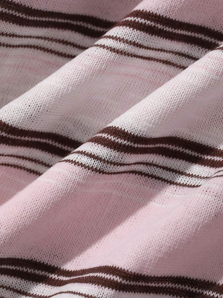 Women's Striped Round Neck Long Sleeve Top And Shorts Casual Loungewear Set
