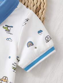 Souflis Souflis Baby Boys Spring/Summer White Sky Blue Contrast-Color POLO Collar Short-Sleeved Top And Shorts Set. Vacation Cute - Baby Blue - View 5