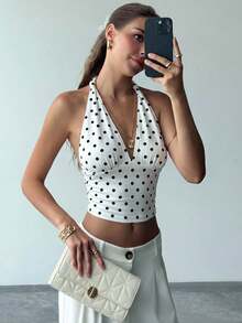 Aloruh Women's Casual Elegant Retro Polka Dot Print Twist Knot Camisole, Suitable For Summer, Retro Polka Dot Camisole, Summer Holiday Camisole,Summer Top - White - View 8