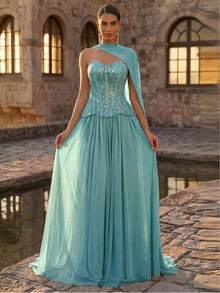 Glamrae Đầm sequin sang trọng, tinh tế, phối lưới, co giãn, xếp ly, thích hợp cho đám cưới, tiệc tùng, lễ hội, dạ hội. - Màu xanh bạc hà - Xem 5
