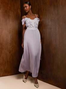 COSMINA Women's Contrast Lace Lilac Off-Shoulder Elegant Romantic Sexy Dress Bridesmaid Birthday Anniversary Wedding Golf Date Night Party Summer - Mauve Purple - View 4