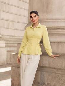 Graceveil Women's Casual Drawstring Tie Solid Color Shirt, Minimalist Versatile For Daily Commute, Spring/Autumn - Yellow - View 1