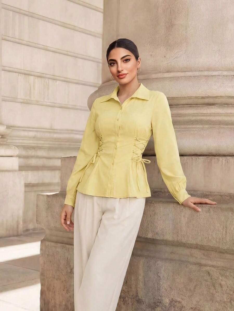 Graceveil Women's Casual Drawstring Tie Solid Color Shirt, Minimalist Versatile For Daily Commute, Spring/Autumn - Yellow - View 1