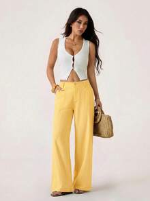 PETITE Pantalones rectos de cintura baja de 100% algodón lavado, pantalones de lino para mujer, pantalones de verano, pantalones anchos de mujer, pantalones de verano, otoño y ropa de otoño para mujer - amarillo ganso - Ver 3