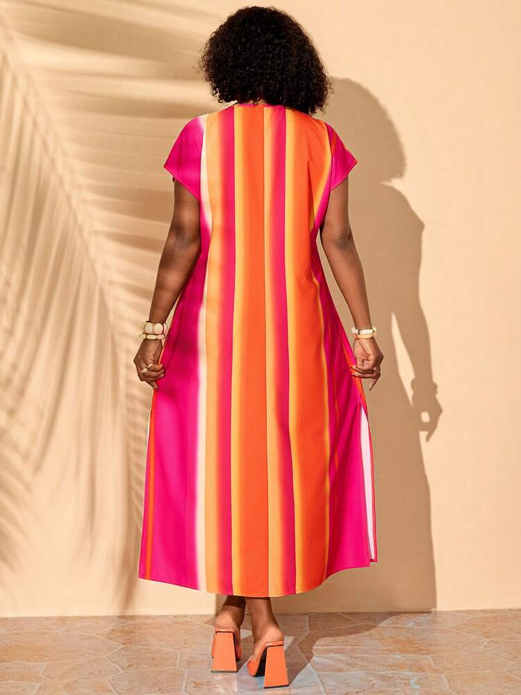 Plus Size Women Striped V-Neck Short Sleeve Casual Dress