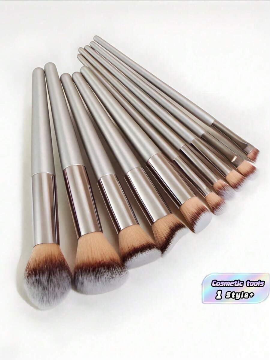 10PCS Champagne Gold Makeup Brushes Set Premium Full Face Eye Blending Foundation Concealer Powder Blush Contour Tool Kit Fluffy Soft Vegan Friendly Cosmetic Accessories Gift For Women Teens - Grey - View 1