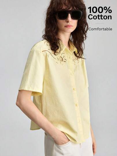 Ontre 2026SS Summer New Women's Loose Fit Solid Cream Yellow Shirt, Minimalist Elegant Urban Chic Hollow Embroidery Button Down Short Sleeve Blouse, Suitable For Outings, Vacations, Parties, Weddings, Office, Back To School, Fashion Versatile Women's Shirt, Vacations, Parties,  Office, School, Fashion Versatile,
