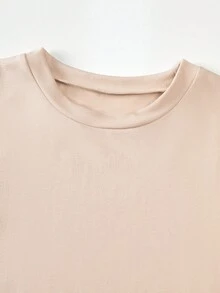 SHEIN 2pcs/Set Textured Fabric Teen GirlStand Collar Short Sleeve T-Shirt + Casual Pants - Khaki - View 6
