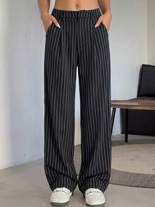 DAZY Striped Fold Pleated Tailored Pants, Women Dress Pants Business Attire - Black - View 9