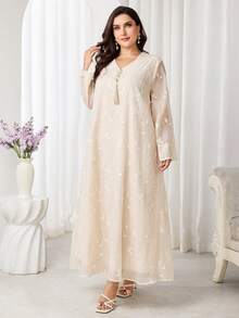 Al Najma Plus Size Women's Elegant Arabic Style Dress With Floral Embroidery And Tassel Design - Apricot - View 7