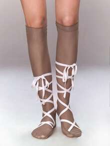 ROMWE Anime Pink Kawaii Sweet And Cute Y2K Punk Style Asymmetrical Cross Strap Over Knee Socks, Adjustable Solid Color Women's Thigh Socks - Brown - View 2