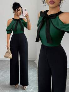 SHEIN Clasi 女士优雅撞色露肩短袖蝴蝶结领连体裤 - 墨綠色 - 查看 9