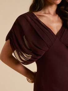 SHEIN BAE Women's Solid Brown Deep V-Neck Sheer Ruffle Hem Maxi Chiffon Dress, Elegant For Spring/Summer - Burgundy - View 5