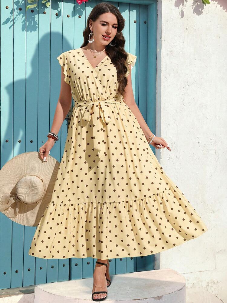 Plus Size Women Summer Casual Vacation Polka Dot Print Ruffle Hem Dress