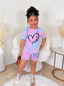 Bộ 2 món áo thun và quần short dệt kim họa tiết trái tim và bướm nhuộm tie-dye cho bé gái. - Màu tím - Xem 4