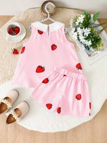 SHEIN Elladie kids 女童（小号）春夏休闲时尚新款T恤套装，梭织面料，可爱草莓红、蓝白条纹数码印花，白色彼得潘领T恤，下摆褶裥设计，搭配褶裥休闲短裤，两件套，适合可爱简约的韩式风格，休闲舒适，适合日常穿着、上学、外出、海滩、派对、春夏度假等场合。 - 粉色 - 查看 2