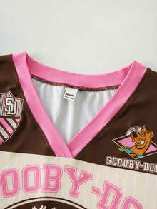 SCOOBY-DOO X SHEIN 大码女式休闲日常通勤时尚街头字母卡通图案V领T恤 - 杏色 - 查看 3