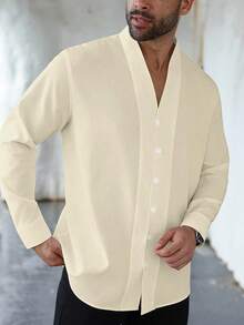 Manfinity Homme Plus Size Men's Casual Solid Color Button-Front Long Sleeve Shirt - Apricot - View 6