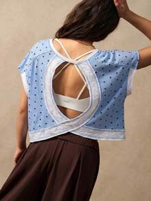 VARSIVA Women's Polka Dot Patchwork Casual Versatile Daily Wear Sports T-Shirt - Blue and White - View 2