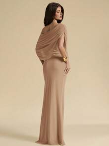 SHEIN BAE Khaki Off-Shoulder Ruched Fitted Elegant Dress, Tight Fitted Elegant Dress, Flowing Dress Dinner Date Summer - Khaki - View 6